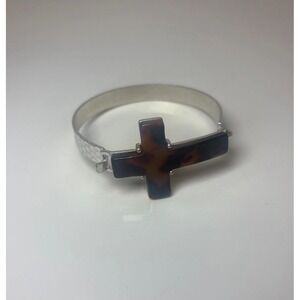 Simple Hand Crafted Large Cross Silver Tone Bracelet & Cuff Tortoise Shell VTG